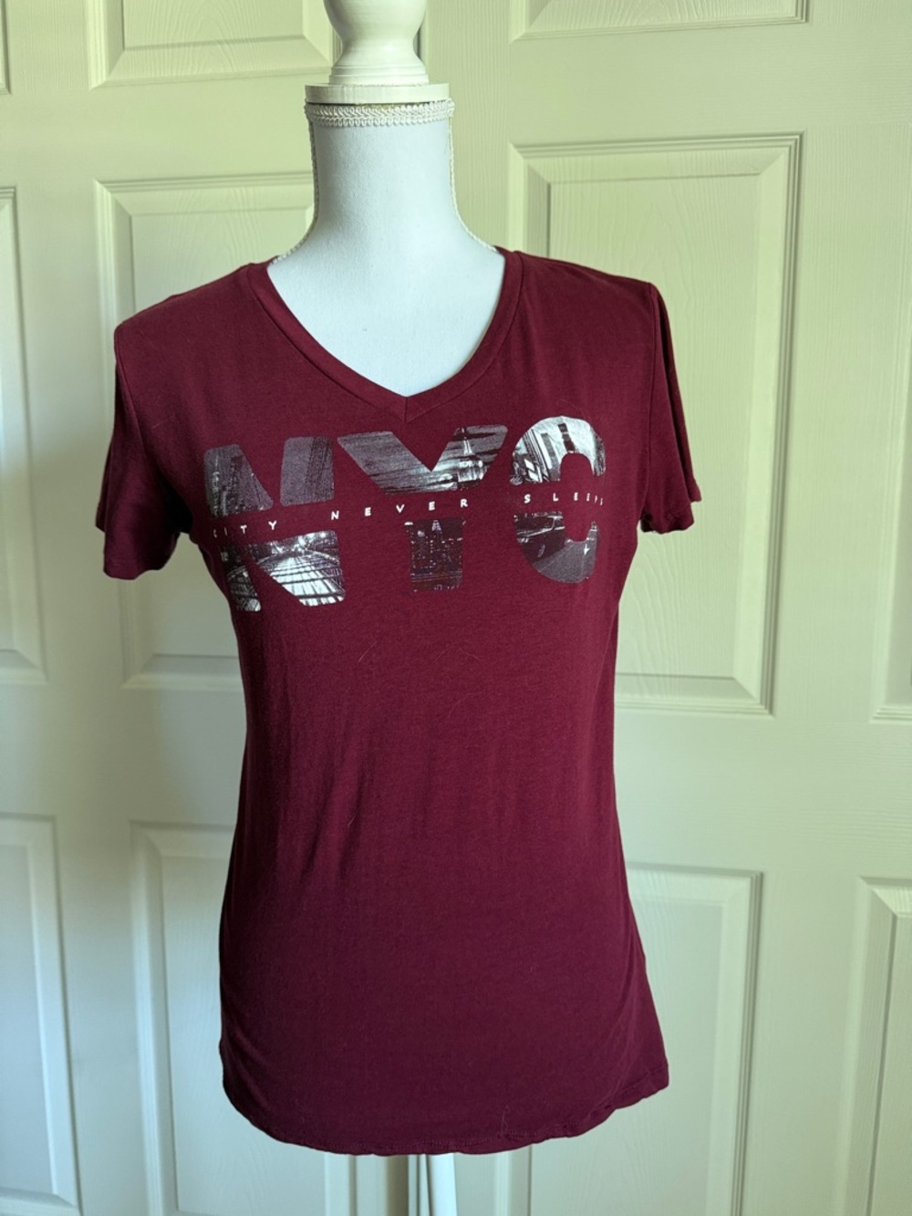 Women's V-Neck Graphic Tee in Maroon-read for size